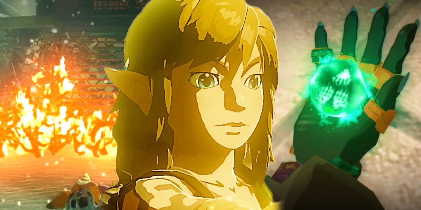 La referencia en Zelda: Tears of the Kingdom se sorprende cuando el fuego arde detrás de él en su lado izquierdo y su mano derecha sostiene un orbe verde brillante.