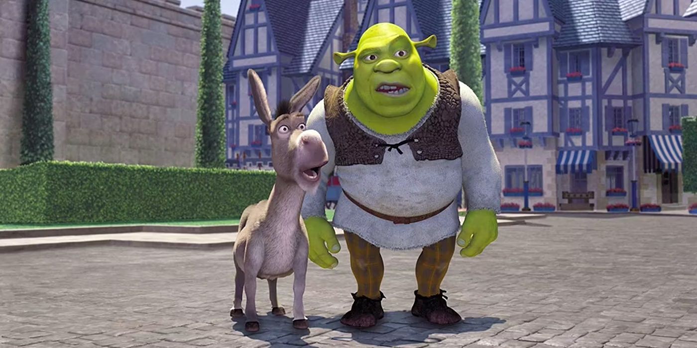 Shrek e Burro em Duloc parecendo pasmos em Shrek