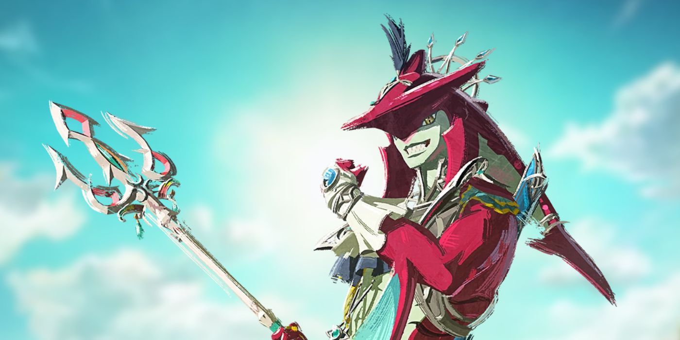 Sidon's sprite in Zelda: Tears of the Kingdom against a blurred image of a sky.