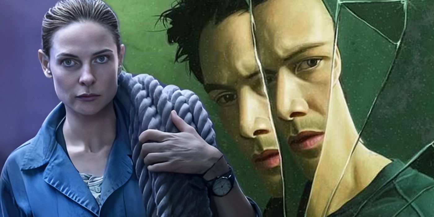 Rebecca Ferguson as Juliette in Silo and Keanu Reeves as Neo in The Matrix