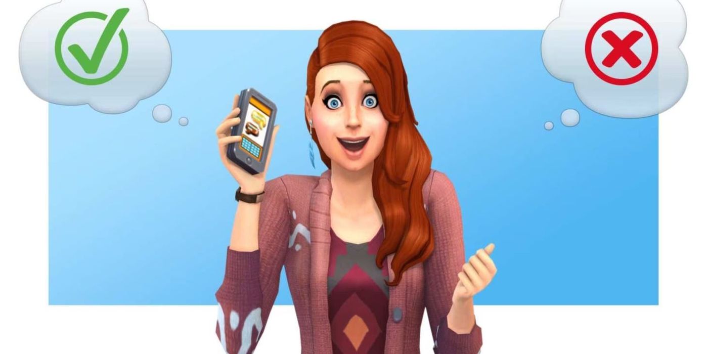 Sims 4 Voting showing a Sim holding her phone with two thought bubbles - one a positive checkmark and the other a red x