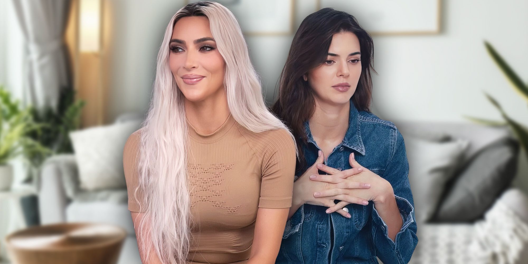 The Kardashians' Kim Kardashian smiling and Kendall Jenner looking down