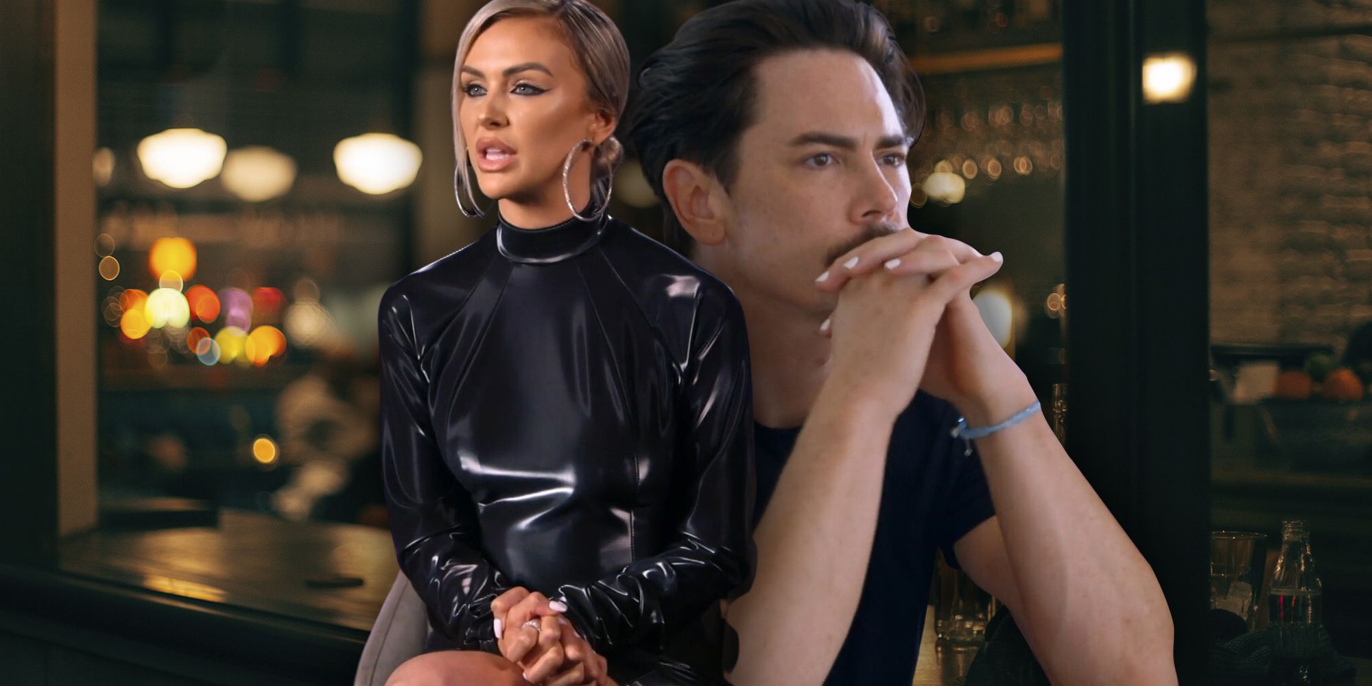 Tom Sandoval and Lala Kent from Vanderpump Rules montage of lala in black dress and tom looking pensive