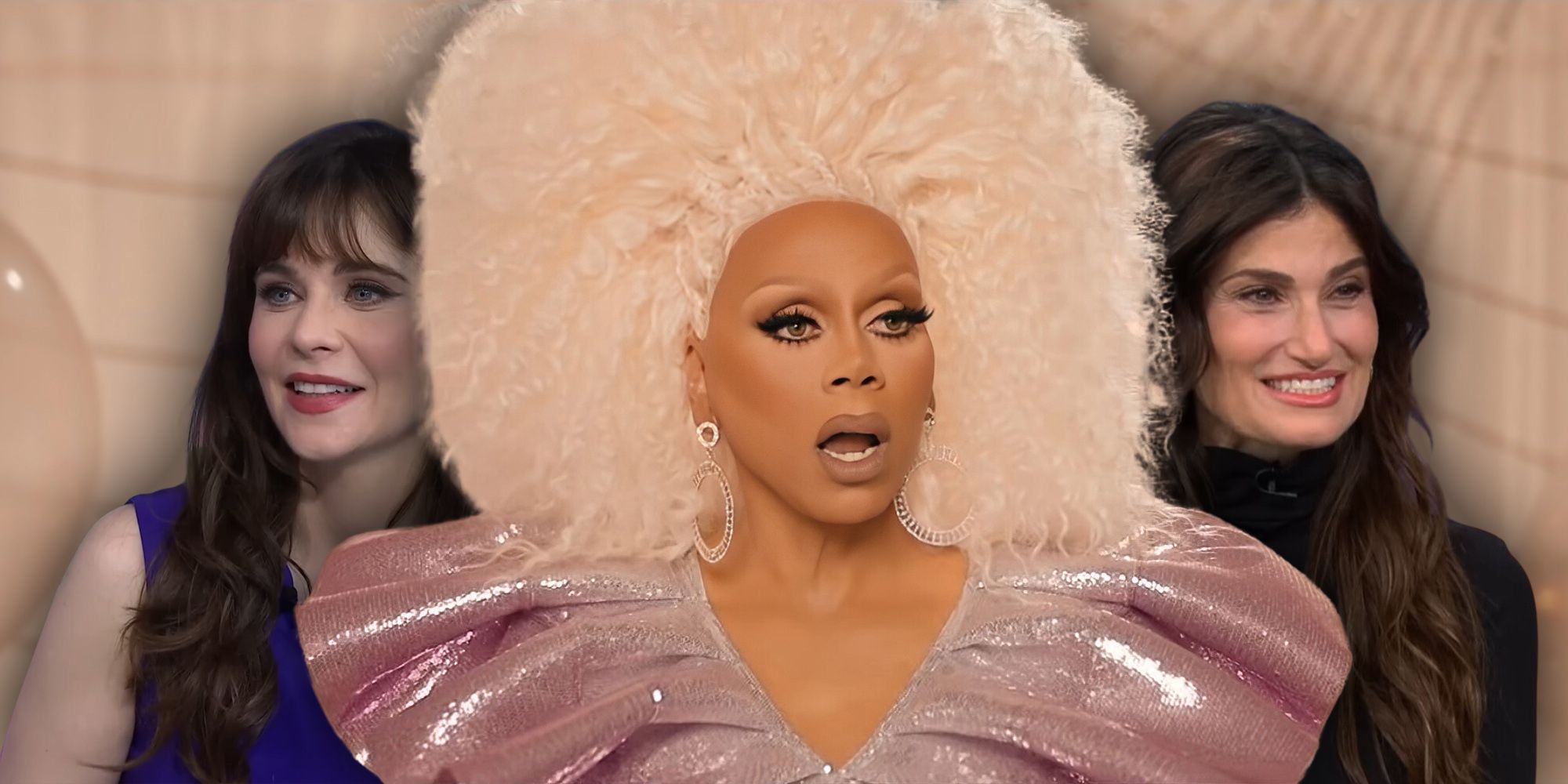 RuPaul in front of guest judges Idina Menzel and Zooey Deschanel inRuPaul's Drag Race All-Stars 