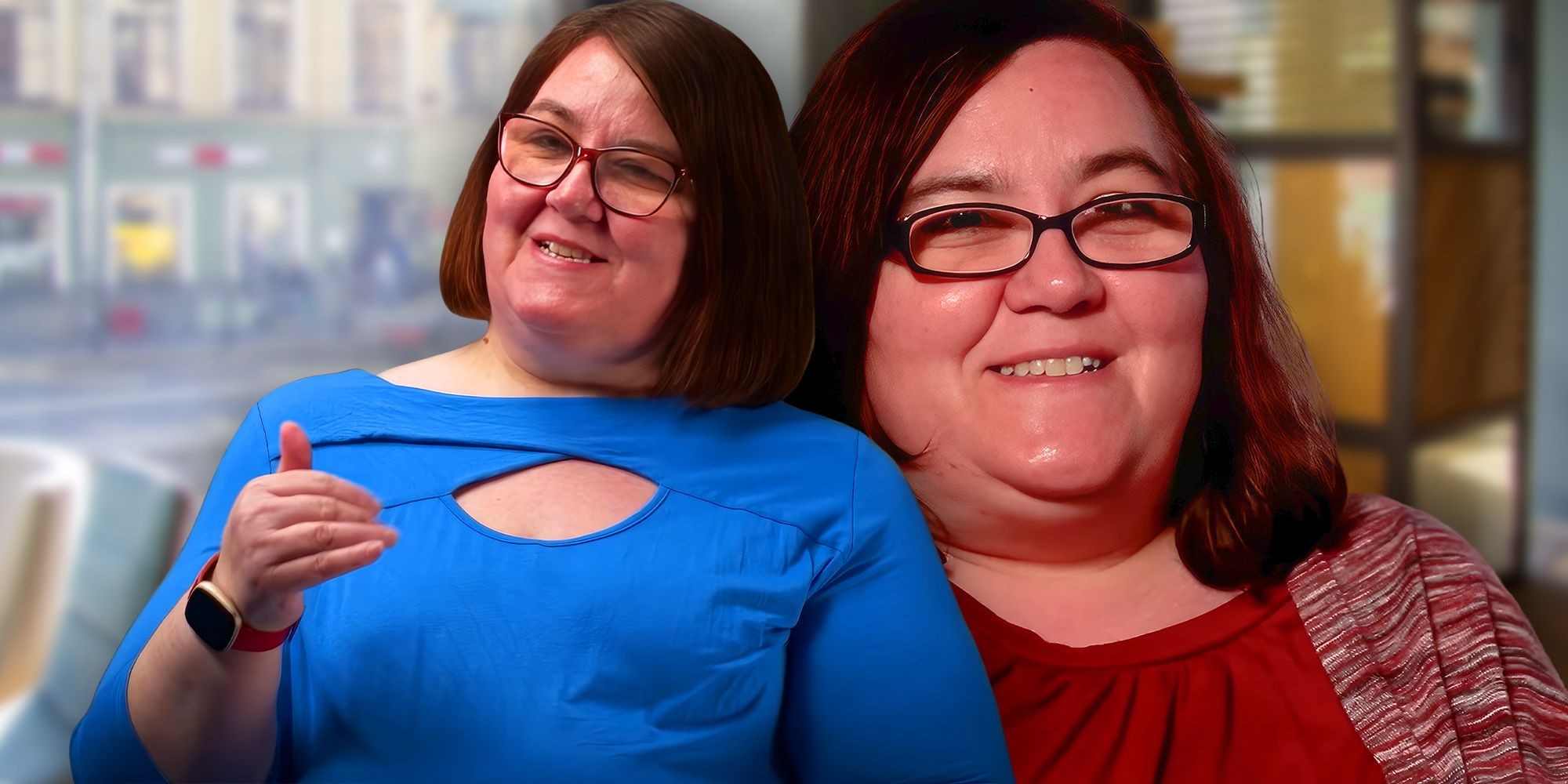 Danielle Mullins from 90 Day Fiancé montage blue and burgundy tops smiling