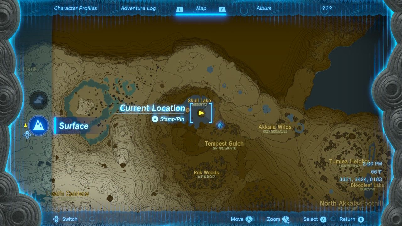 Skull Lake Cave Entrance on map in Zelda TOTK