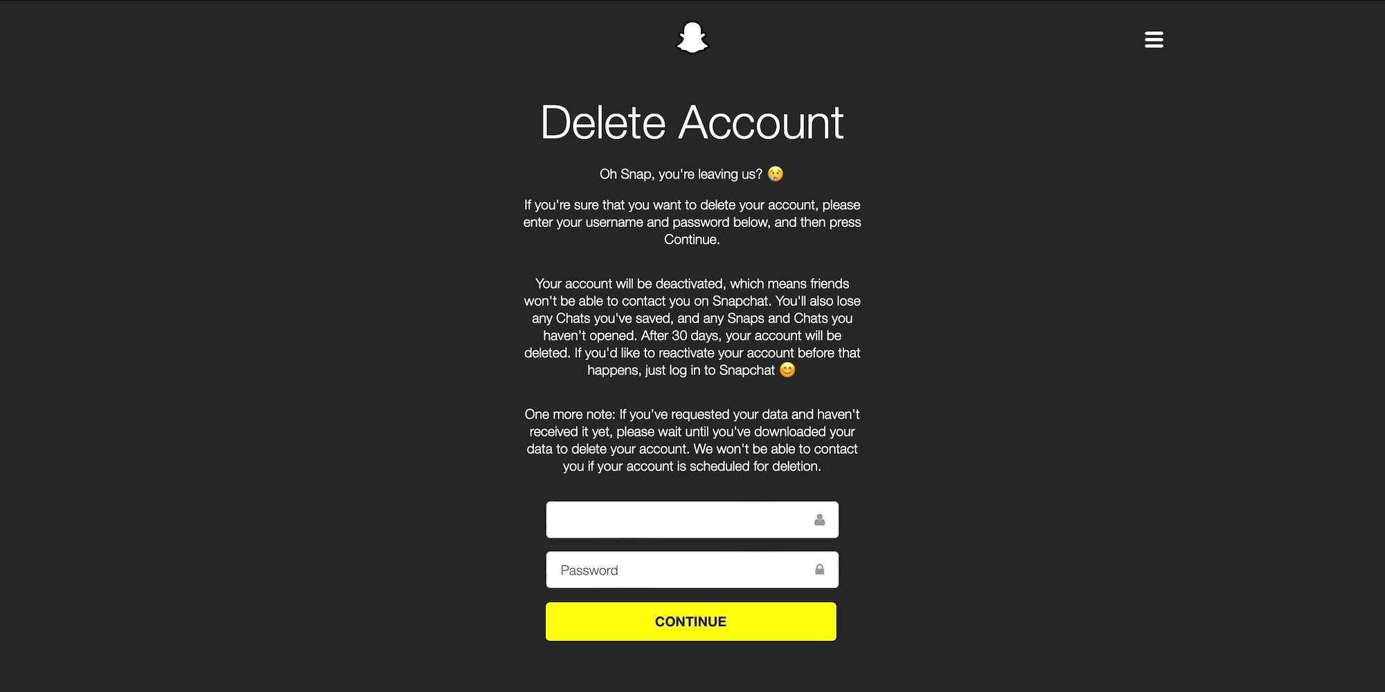 Snapchat delete account page