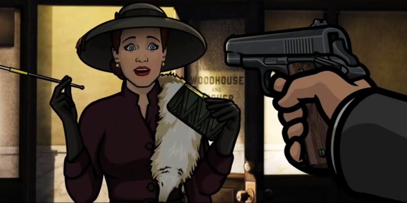 Someone pointing a gun at a woman in Archer Dreamland_ No Good Deed