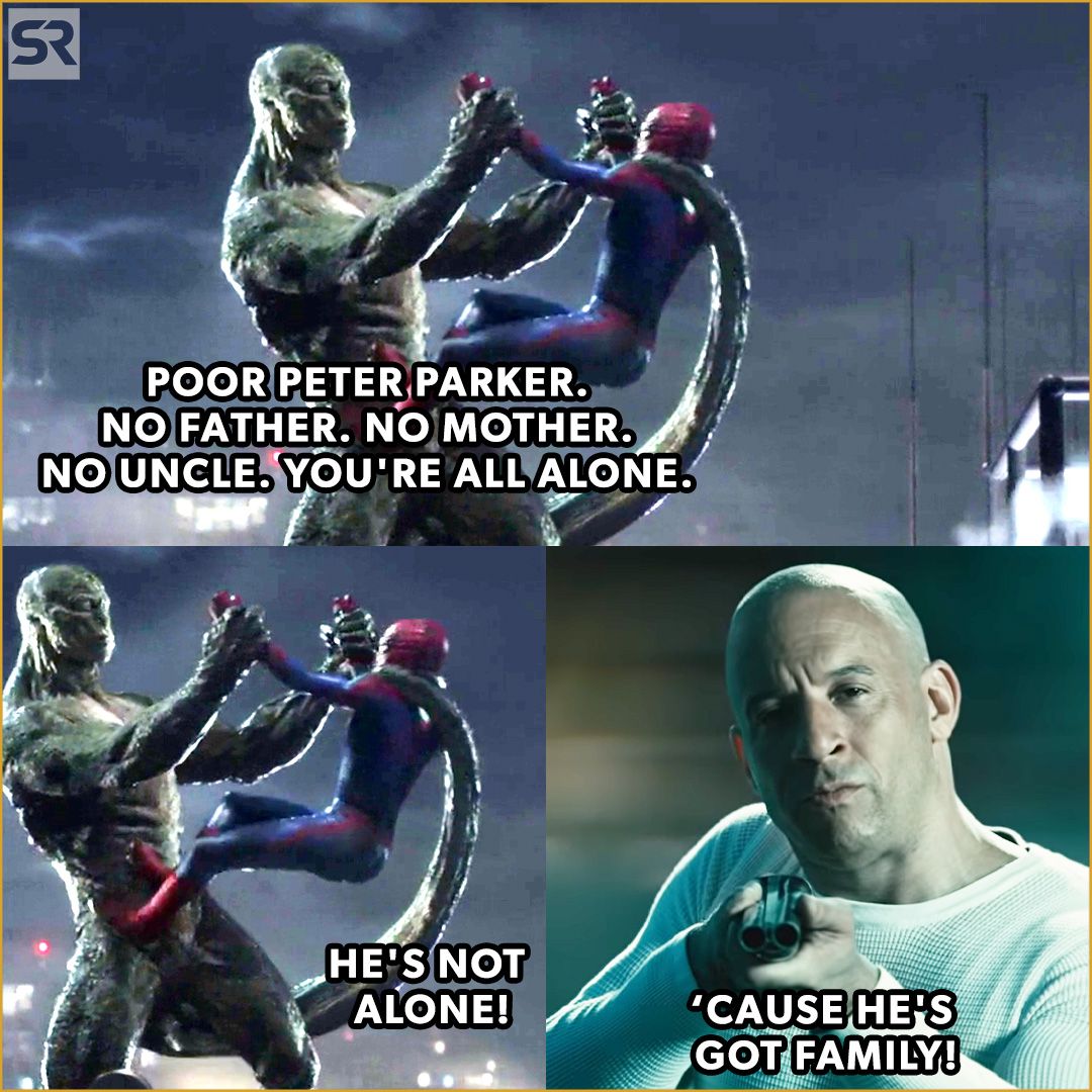 Dom Toretto saves Spider-Man from the Lizard in a meme