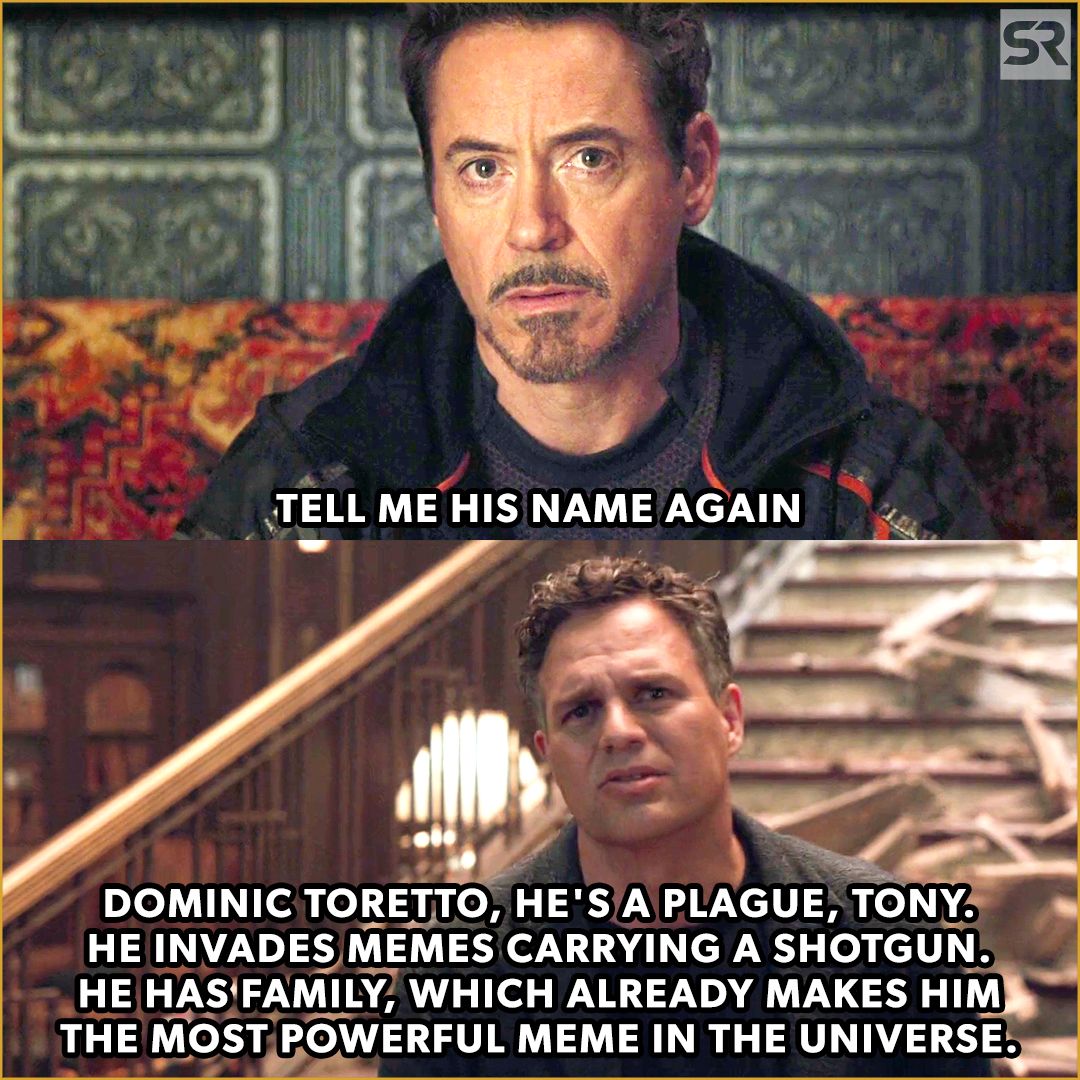 Bruce Banner warns Tony Stark about Dom Toretto in a meme.