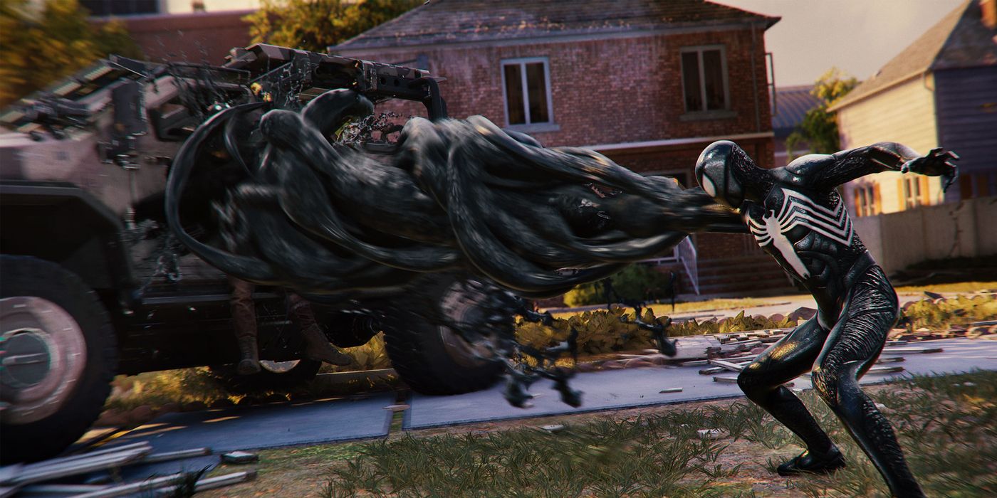 Pater Parker menggunakan setelan symbiote Venom untuk membalikkan truk lapis baja