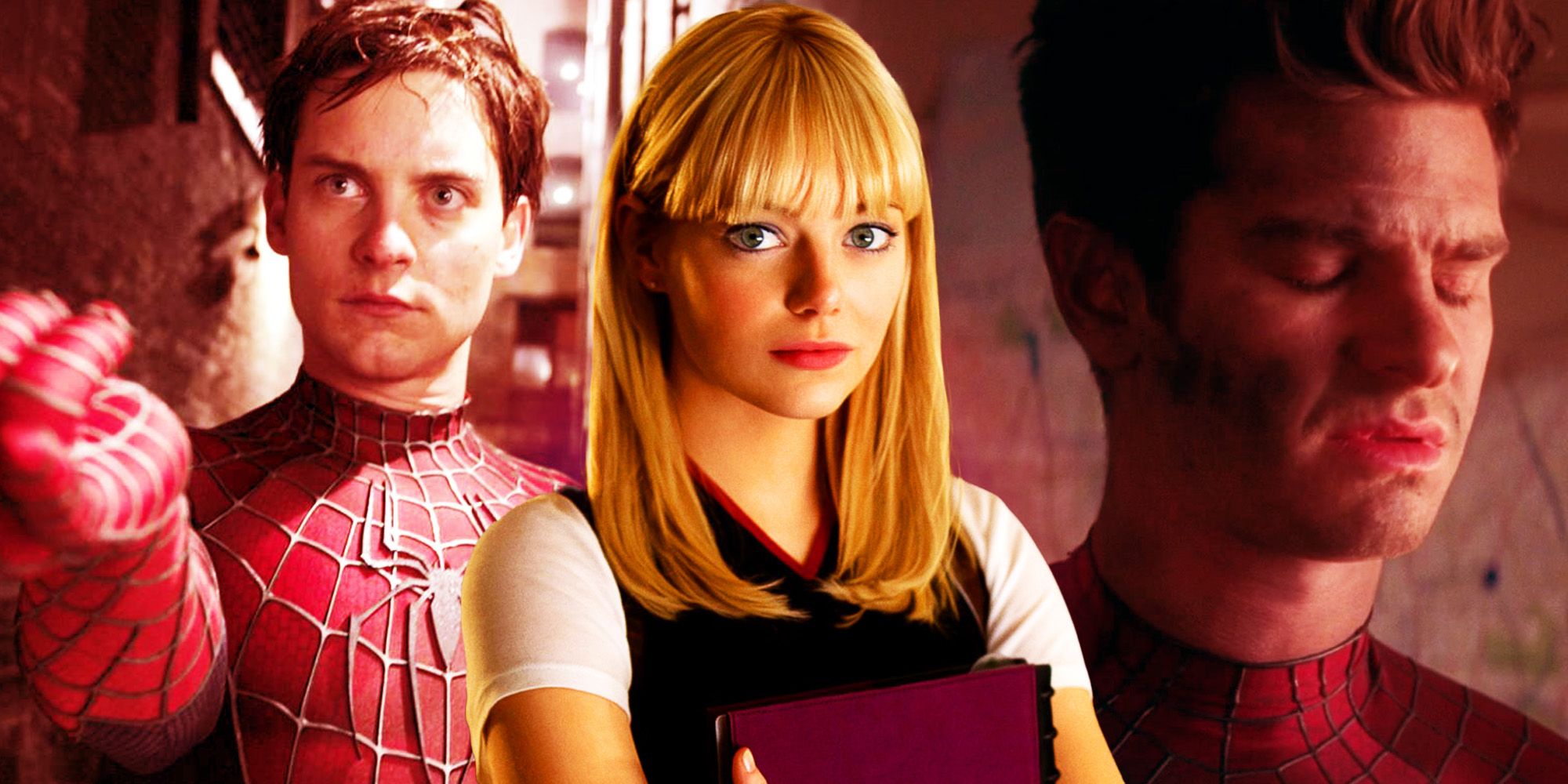 Spider-Man Tobey Maguire with Emma Stone as Gwen Stacy and Andrew Garfield