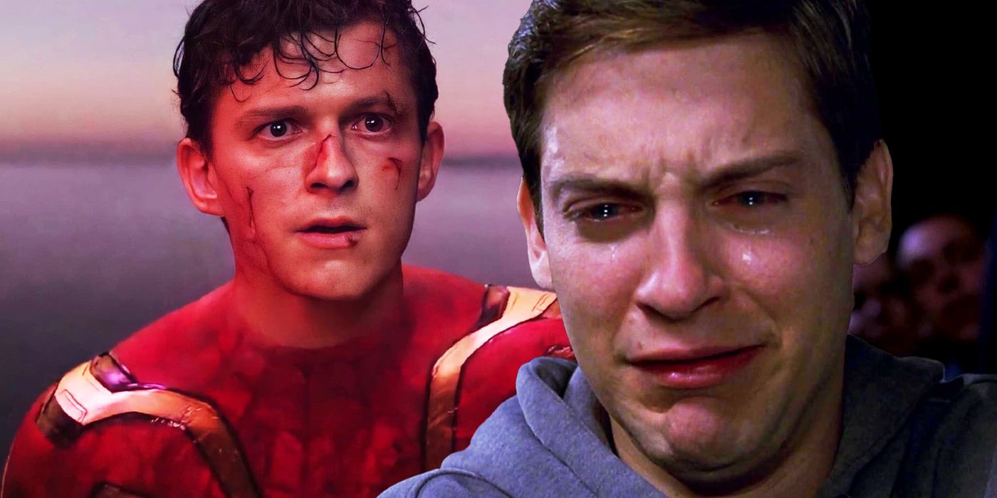 Spider-Man in No Way Home and sad Tobey Maguire as Peter Parker