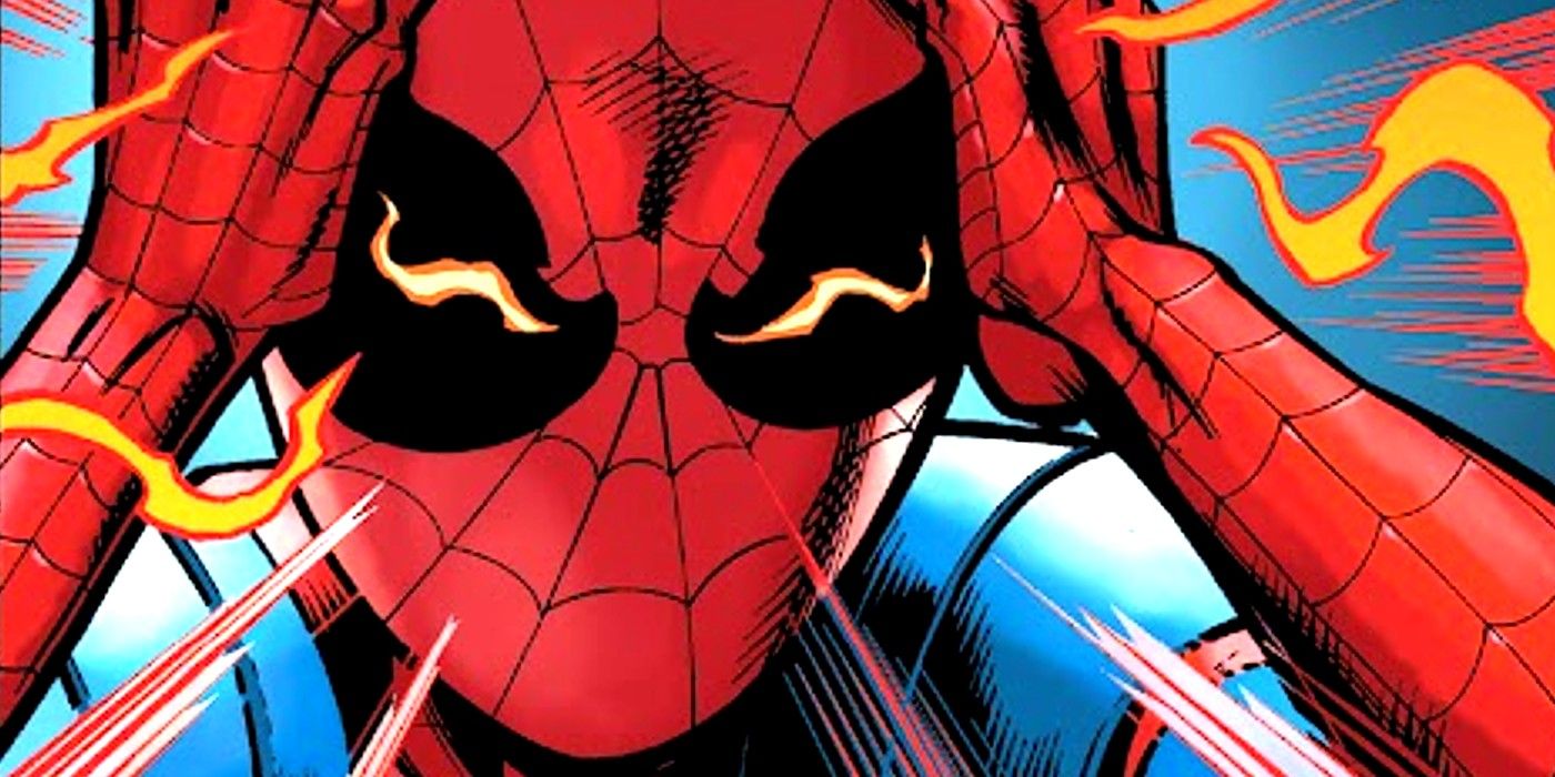 Close up of Spider-Man as he's overwhelmed by his spider-sense going off