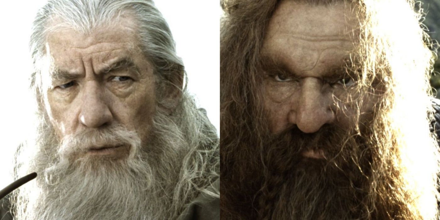 Imagem dividida de Gandalf e Gimli em A Sociedade do Anel