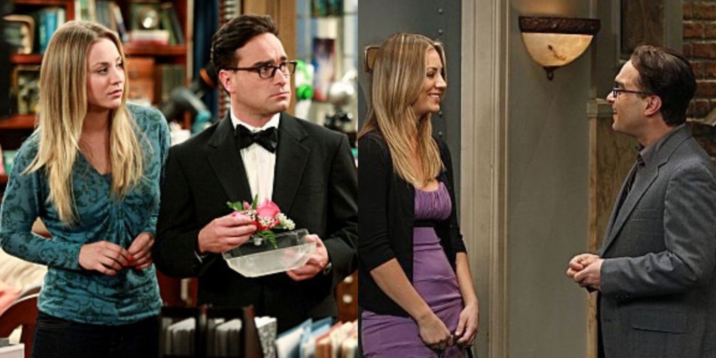 Split image of Penny and Leonard in The Big Bang Theory