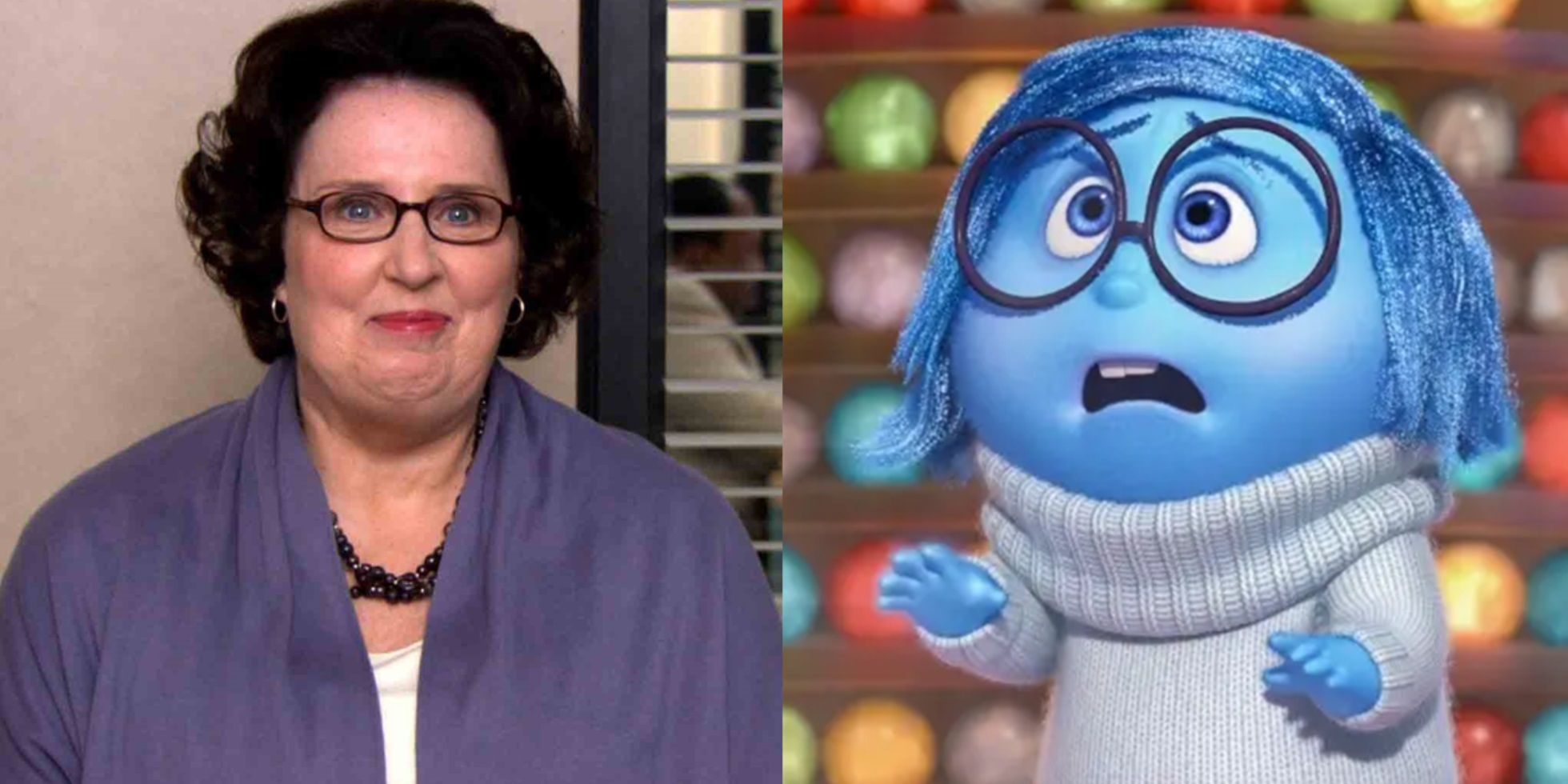 Split image of Phyllis in The Office and Sadness in Inside Out