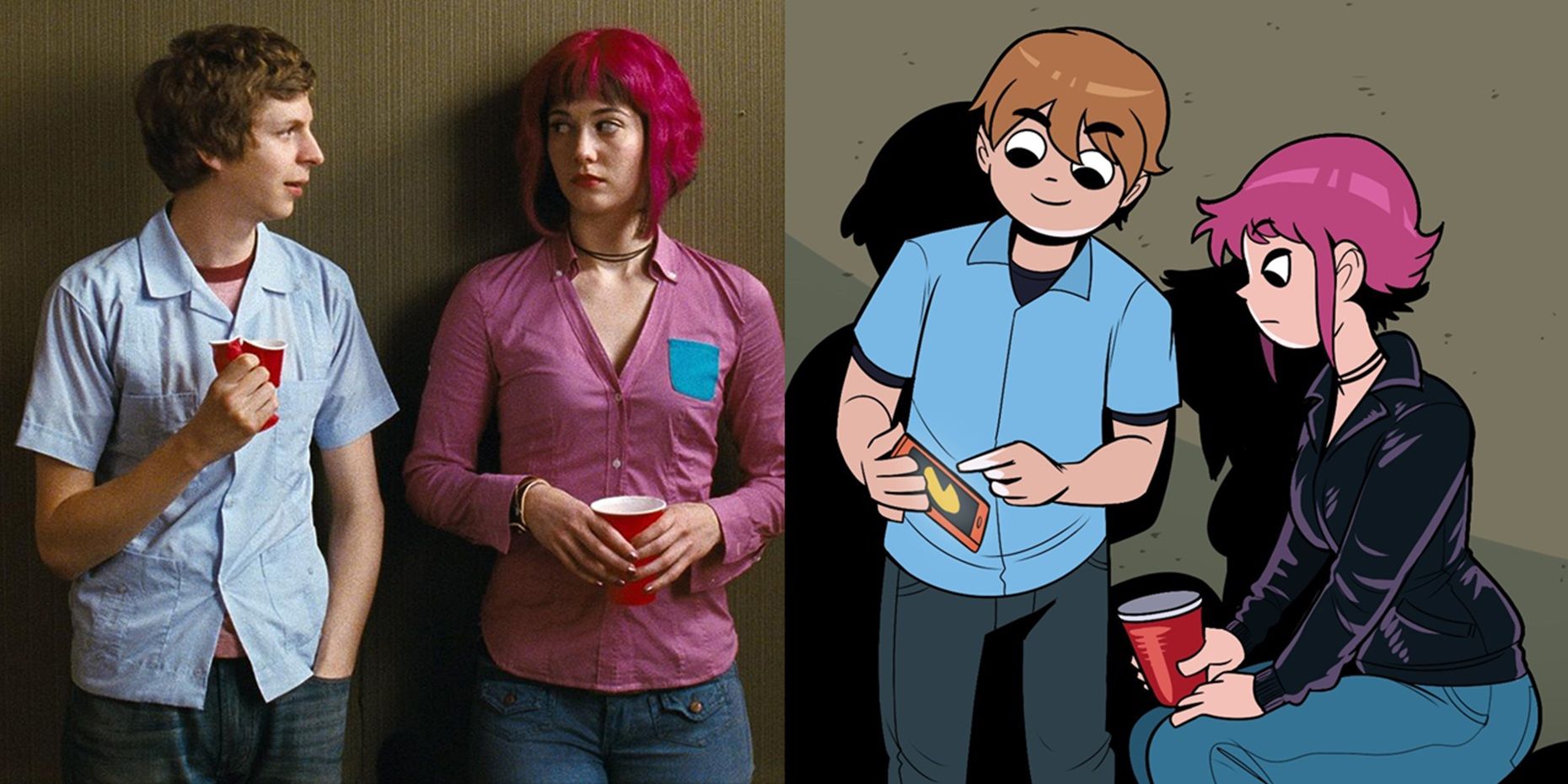 Split image of Scott Pilgrim and Ramona in the movie and the comics