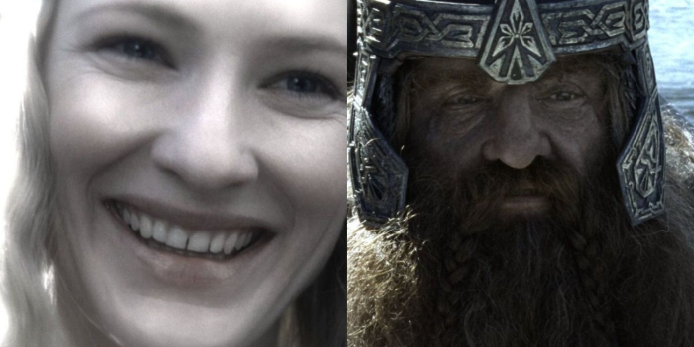Split image of Galadriel and Gimli in The Fellowship of the Ring