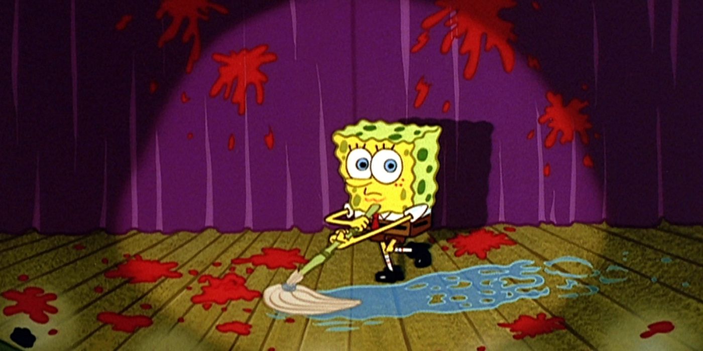 SpongeBob mopping at the Krusty Crab talent show