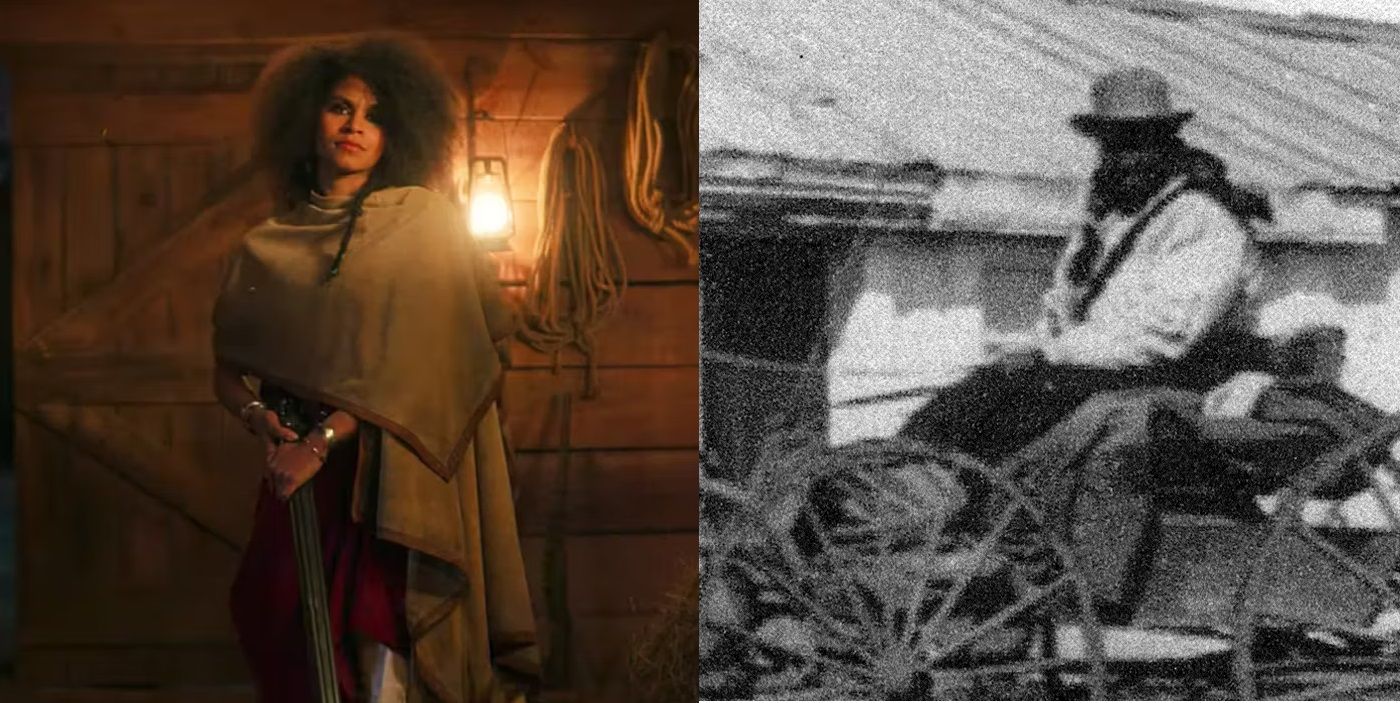Zazie Beetz in The Harder They Fall and a historic photograph of Stagecoach Mary.