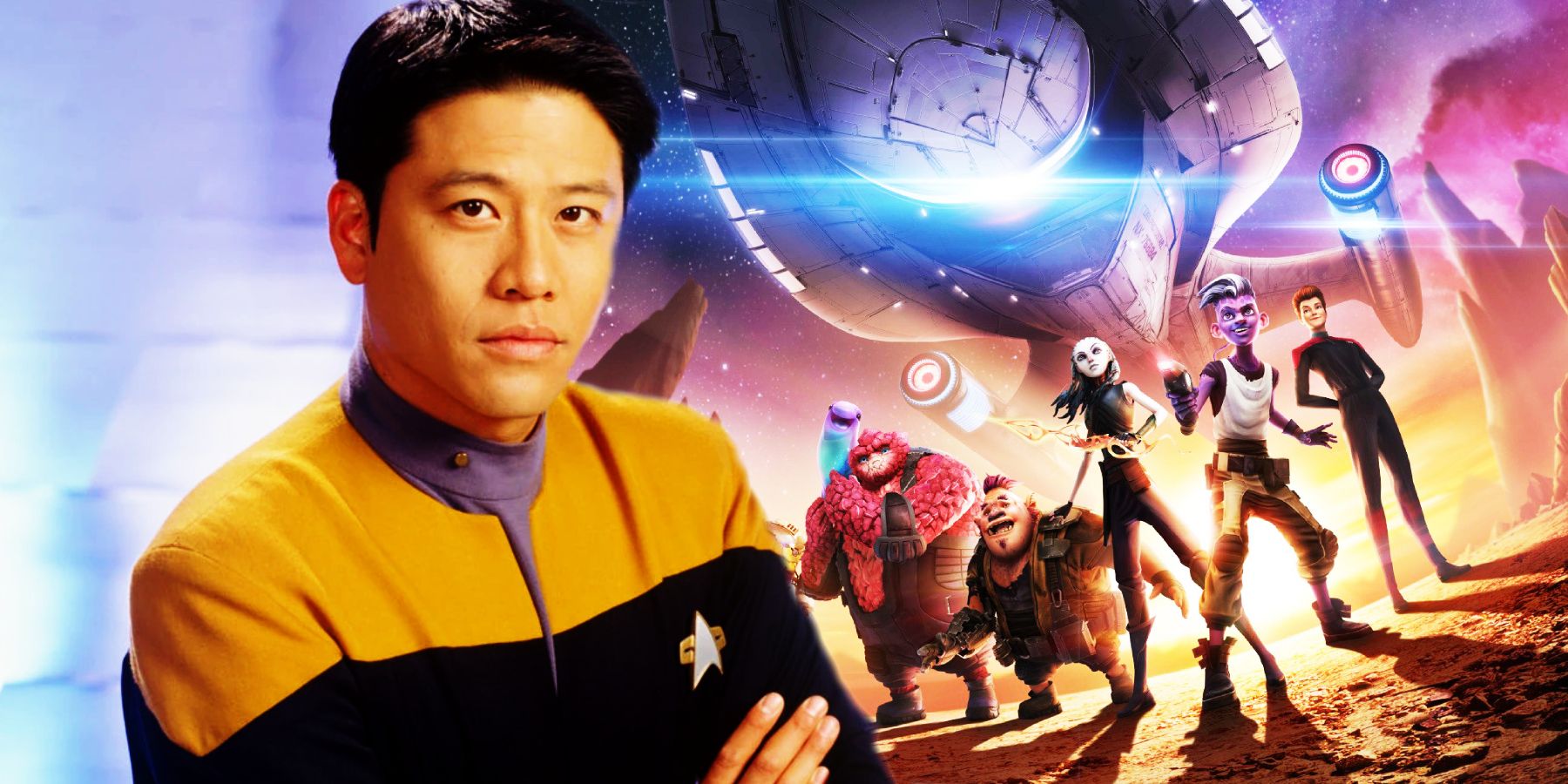 Garrett Wang as Harry Kim and the cast of Star Trek: Prodigy