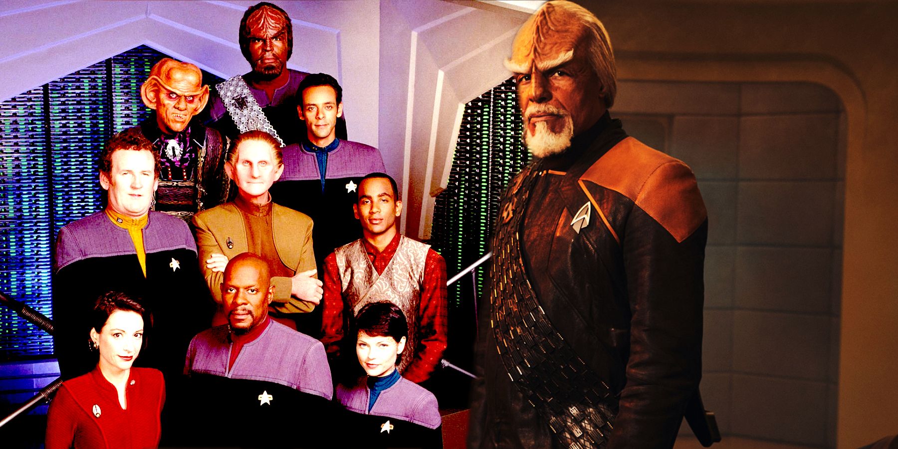 The cast of Star Trek: Deep Space Nine and Michael Dorn as Worf