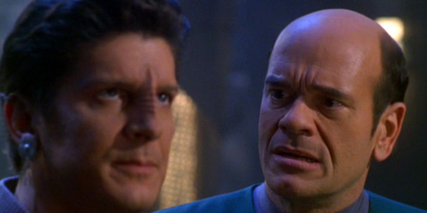 The Doctor looks on in horror at the hologram uprising in Star Trek: Voyager