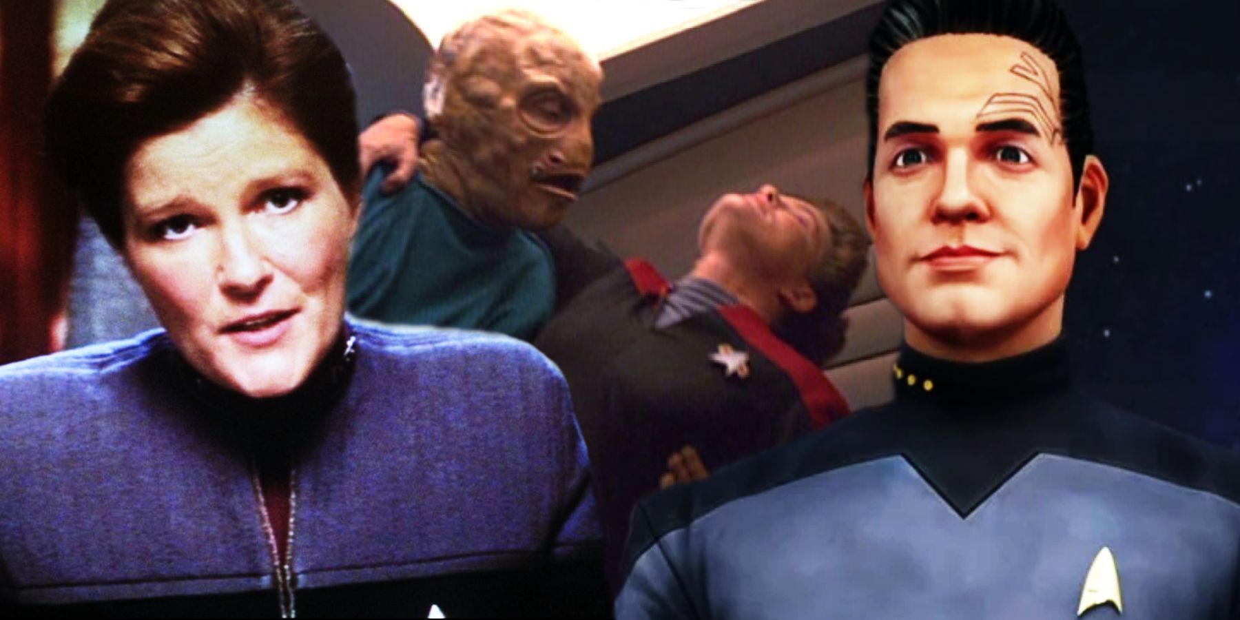 Janeway, Chakotay and Tom Paris in Star Trek: Voyager and Star Trek: Prodigy