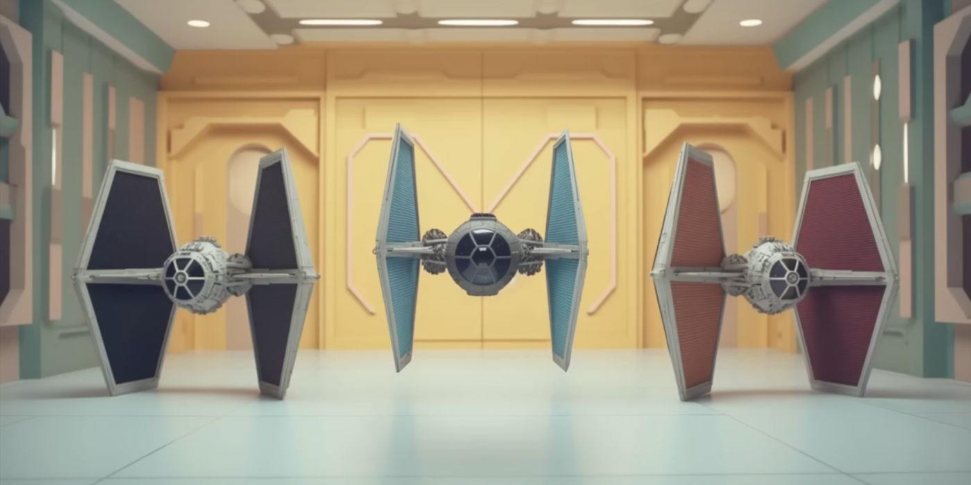 Tie fighters in symmetrical arrangement in Star Wars Wes Anderson styled fan made trailer