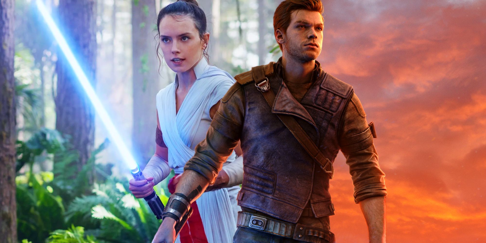 Rey memegang lightsaber di hutan di belakang Cal Kestis di Jedi: seni kunci orang yang selamat, dengan langit oranye cerah di belakangnya.