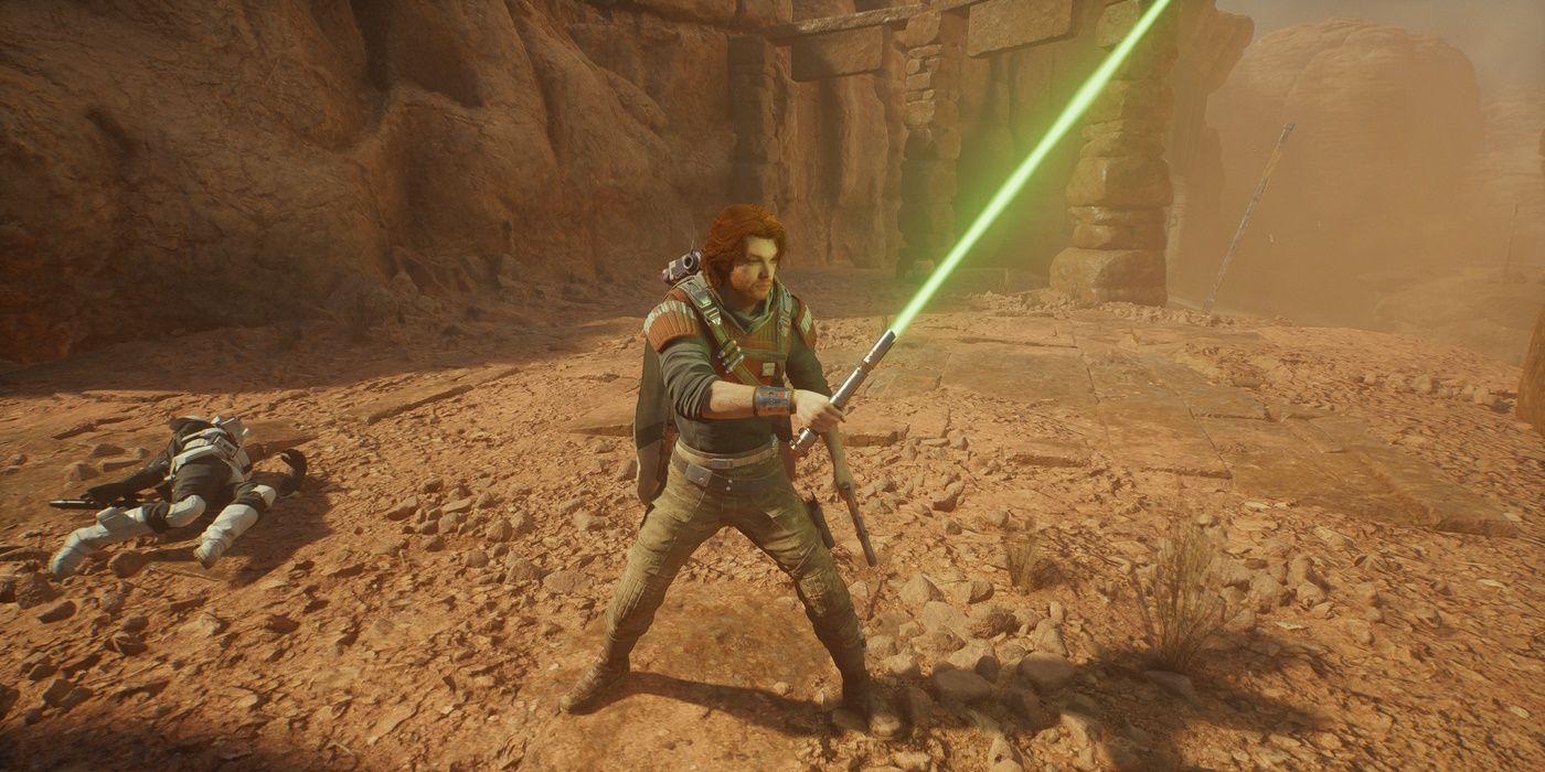 Star Wars Jedi Survivor Cal Kestis usa un blaster y un sable de luz para derrotar a un soldado de asalto