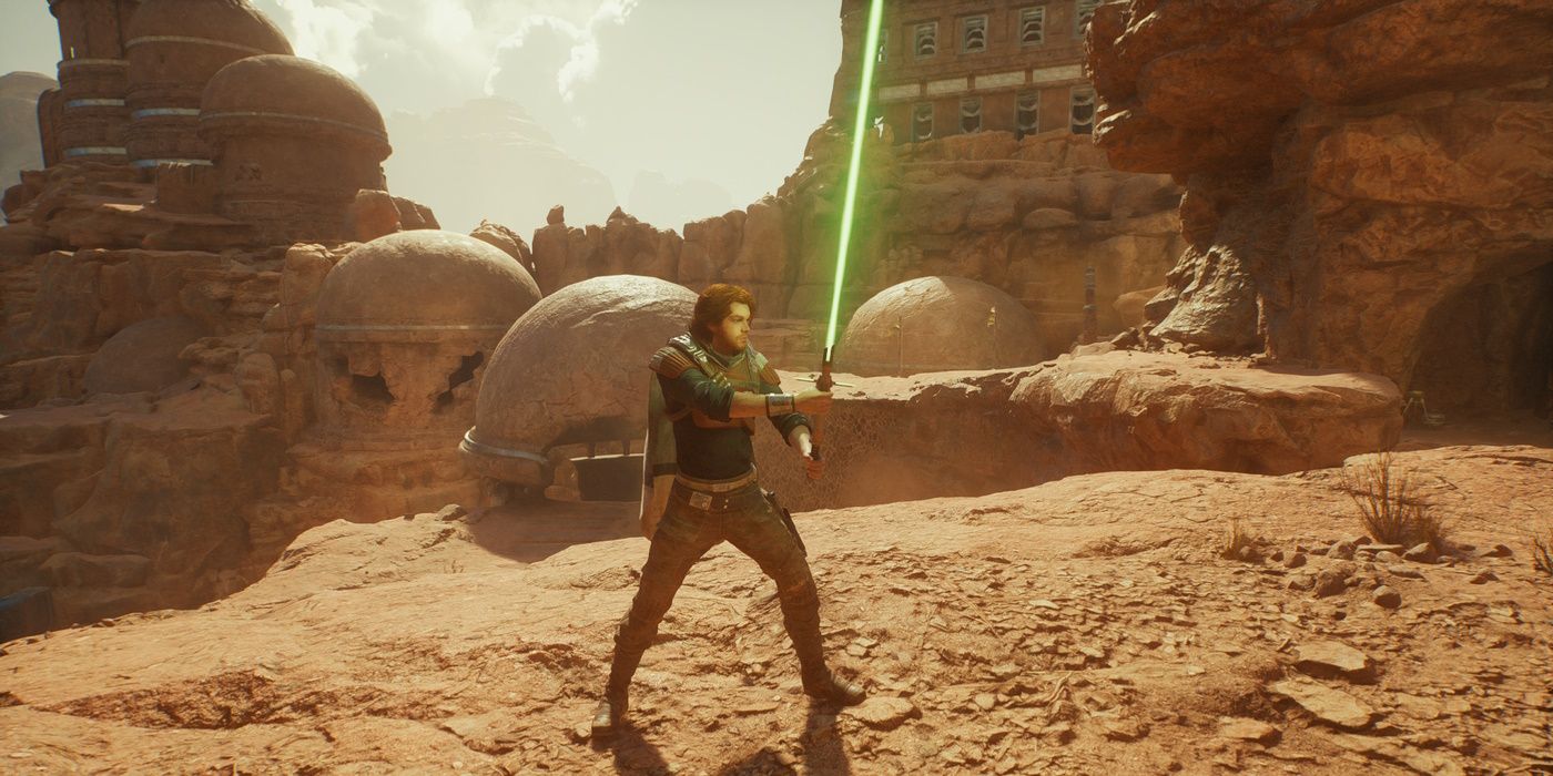 Star Wars Jedi Survivor Cal Kestis con su gran sable de luz cruzado listo