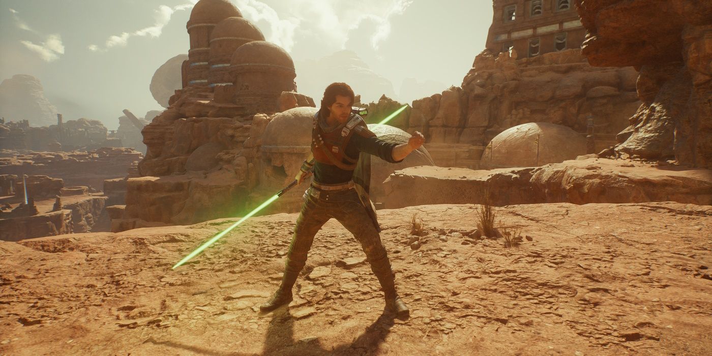 Star Wars Jedi Survivor Cal Kestis readies his double bladed lightsaber