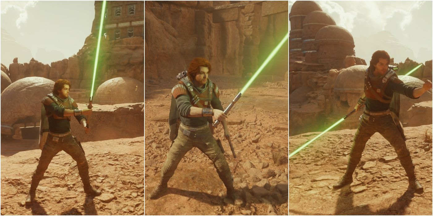 Star Wars Jedi Survivor Lightsaber Stances Cal displaying crossguard, blaster and doubled-bladed