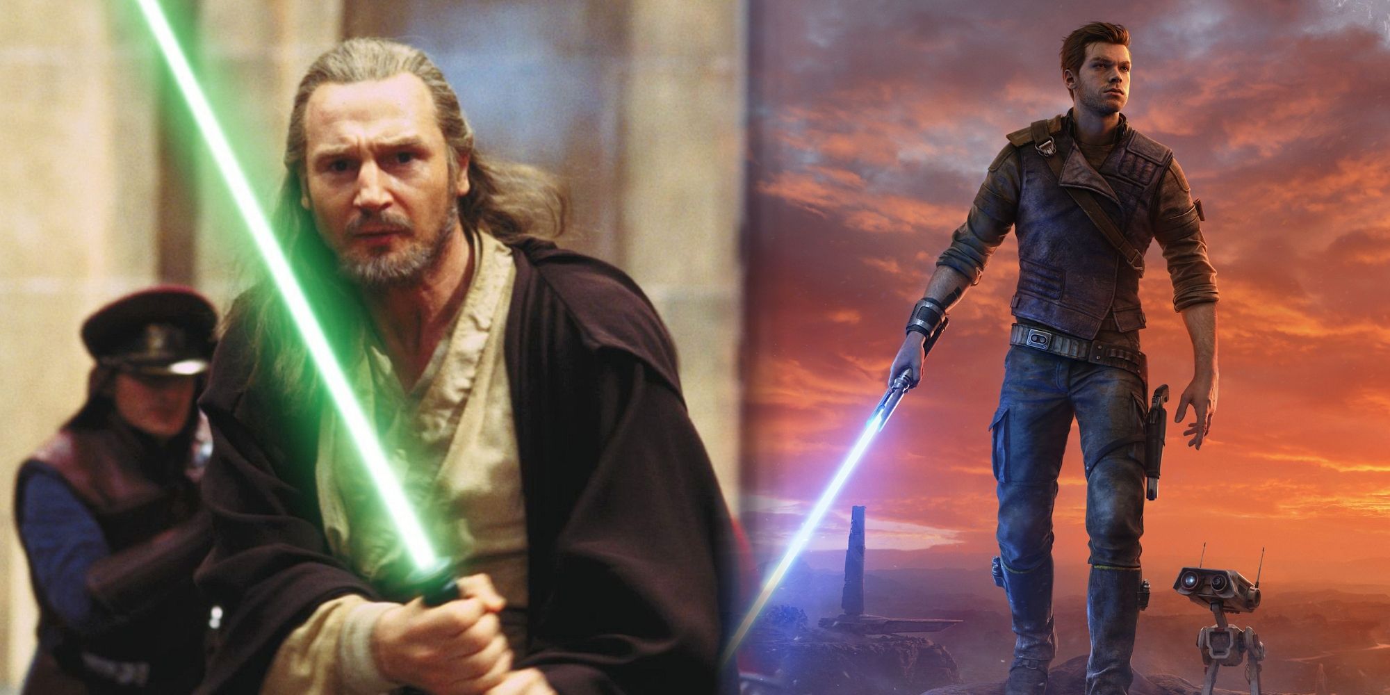 Qui-Gon Jinn com seu sabre de luz verde retratado ao lado de Cal Kestis e BD-1.