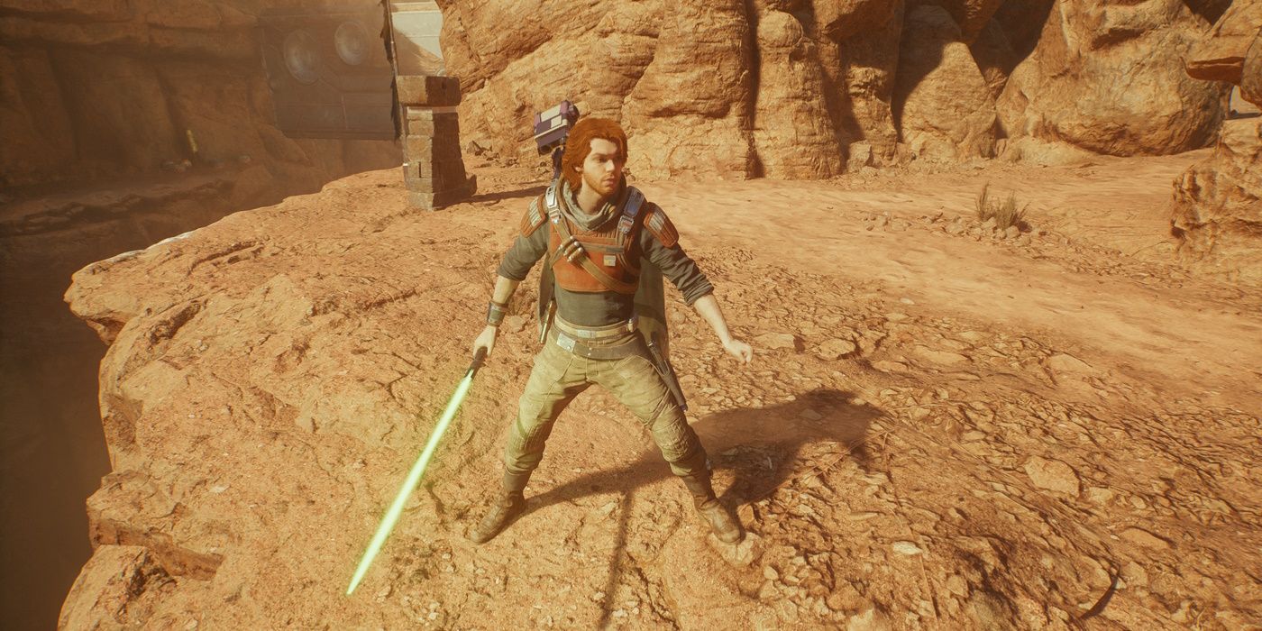 Star Wars Jedi Survivor Cal Kestis con su sable de luz de una sola hoja