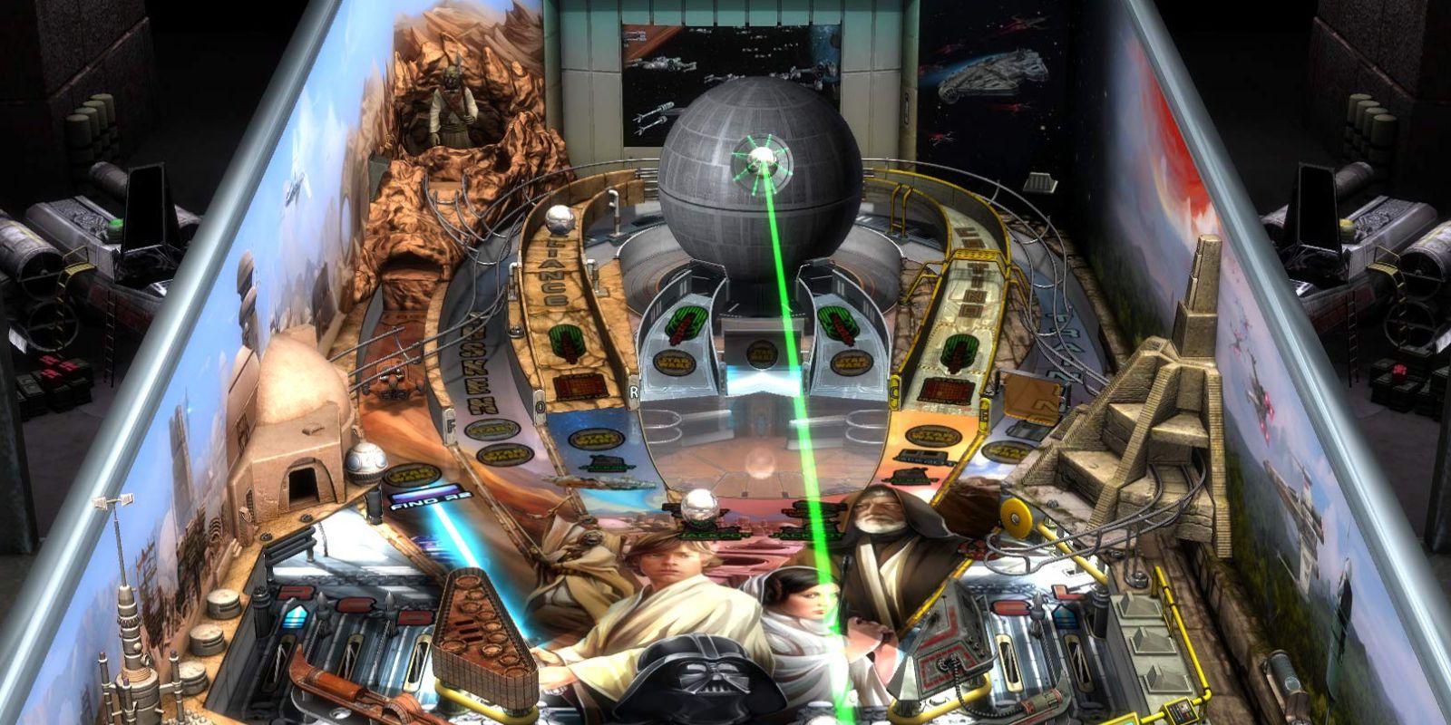 Mesin pinball Star Wars virtual, dengan Death Star di tengah dikelilingi oleh lokasi dan karakter trilogi asli lainnya.