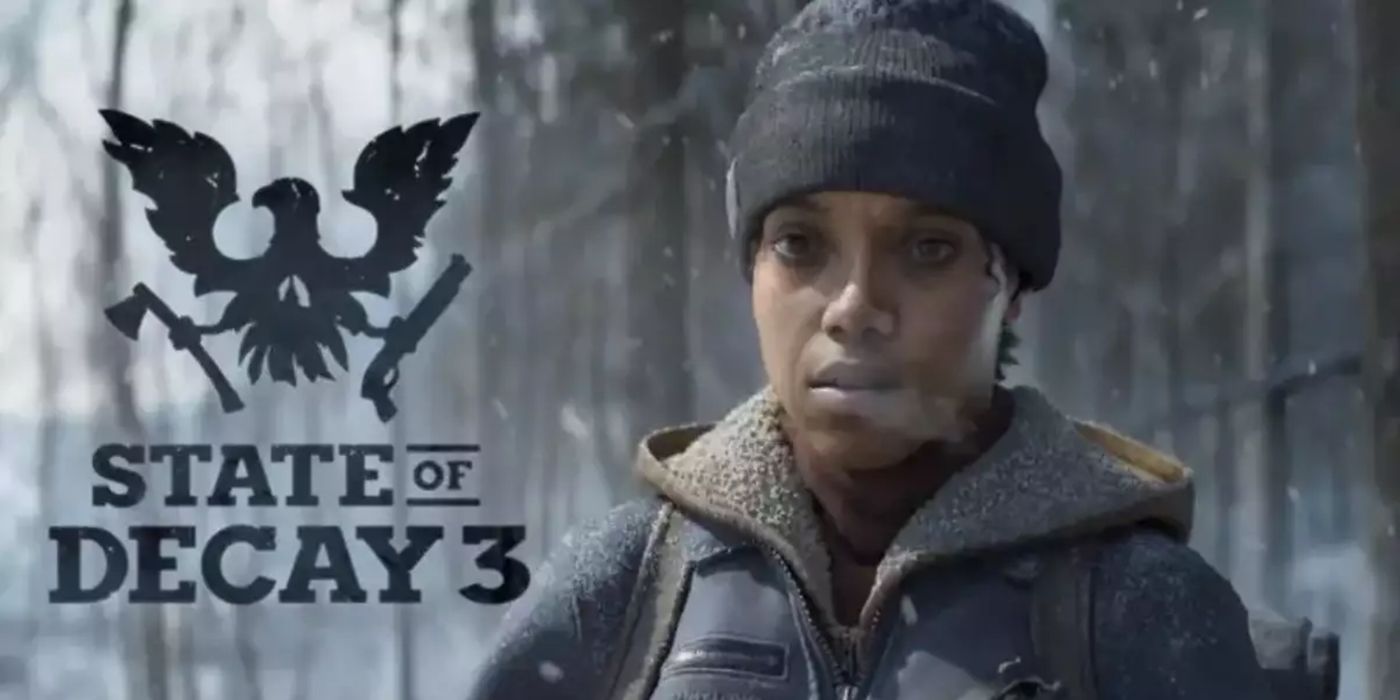State of Decay 3 logo in a winter scene with a person standing and looking worried