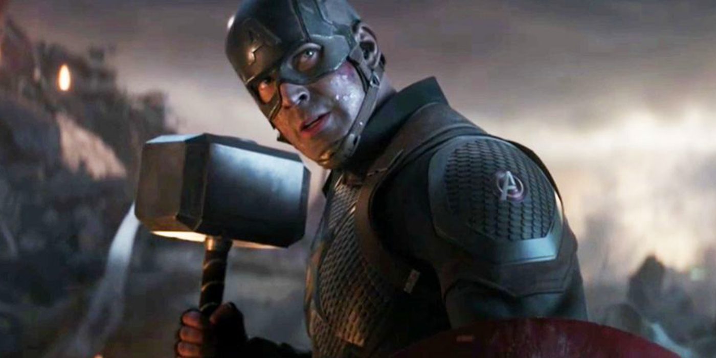 Steve Rogers holding Mjolnir in Avengers Endgame