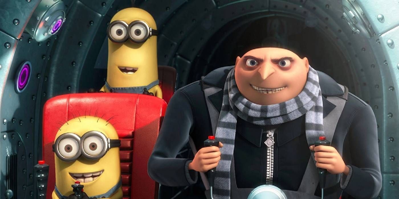 An image of Gru (Steve Carrell) and a Minion driving together in Despicable Me