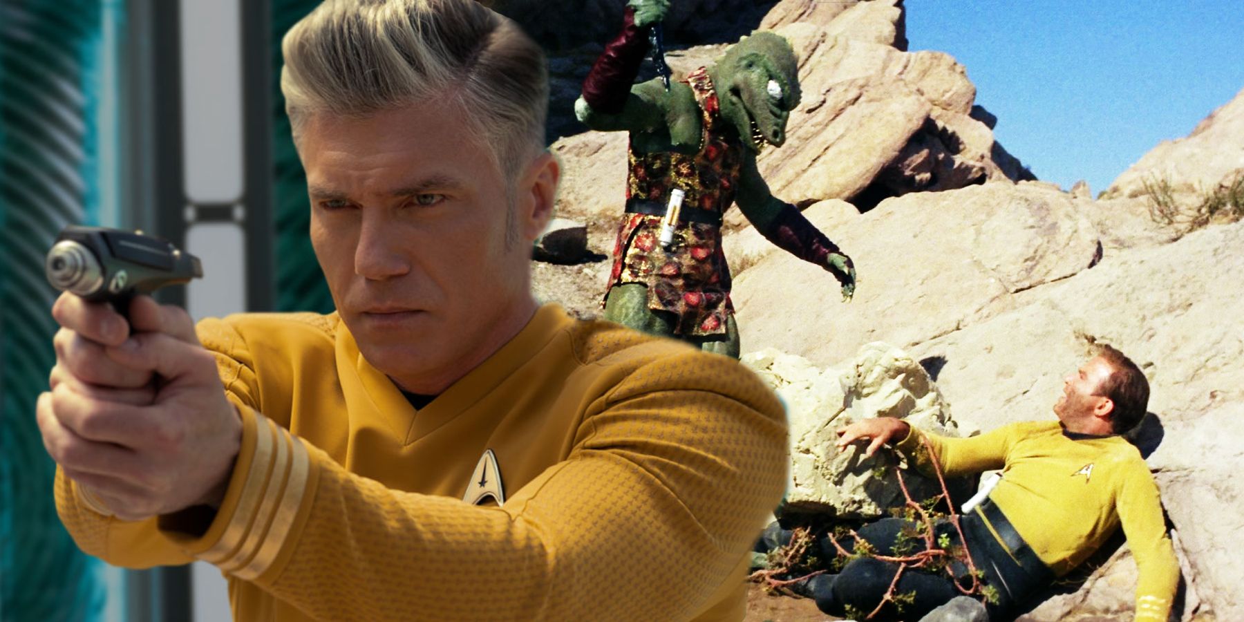 Pike aims a phaser, and Kirk fights a Gorn