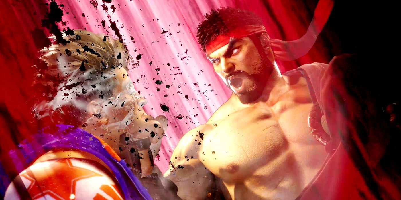 Gambar Ryu meninju Luke di Street Fighter 6 dengan latar belakang merah dan hitam yang dinamis