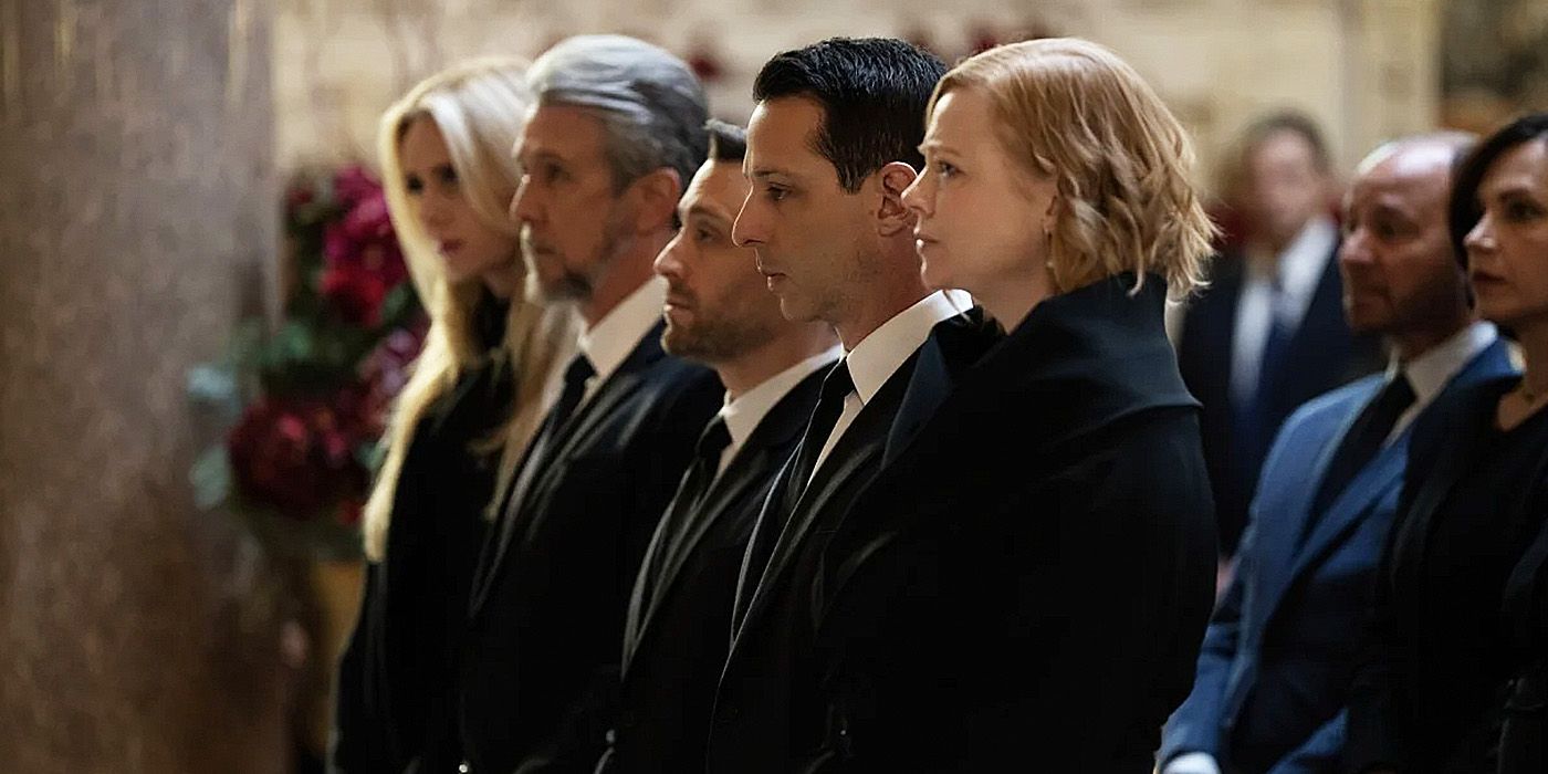 Kendall, Connor, Shiv, Roman, and Wylla stand up at Logan's funeral in Succession season 4, episode 9