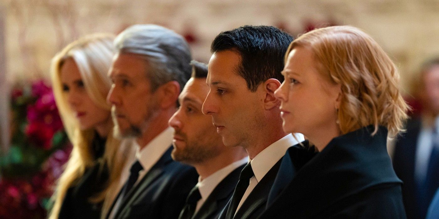 Willa, Connor, Roman, Kendall, and Shiv at Logan's funeral in Succession season 4
