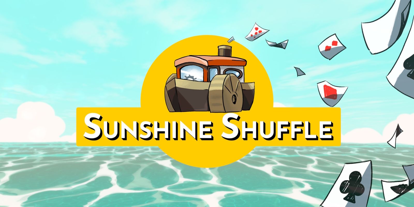 Sunshine Shuffle logo over some water with playing cards to the side