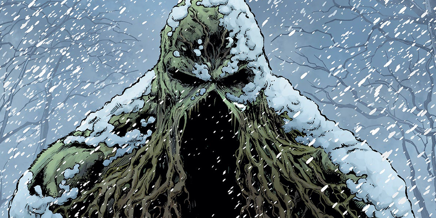 coisa de pântano em um painel de quadrinhos da DC na neve