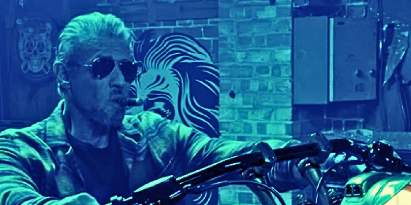 Sylvester Stallone on a motorcycle smoking a cigar in The Expendables 4