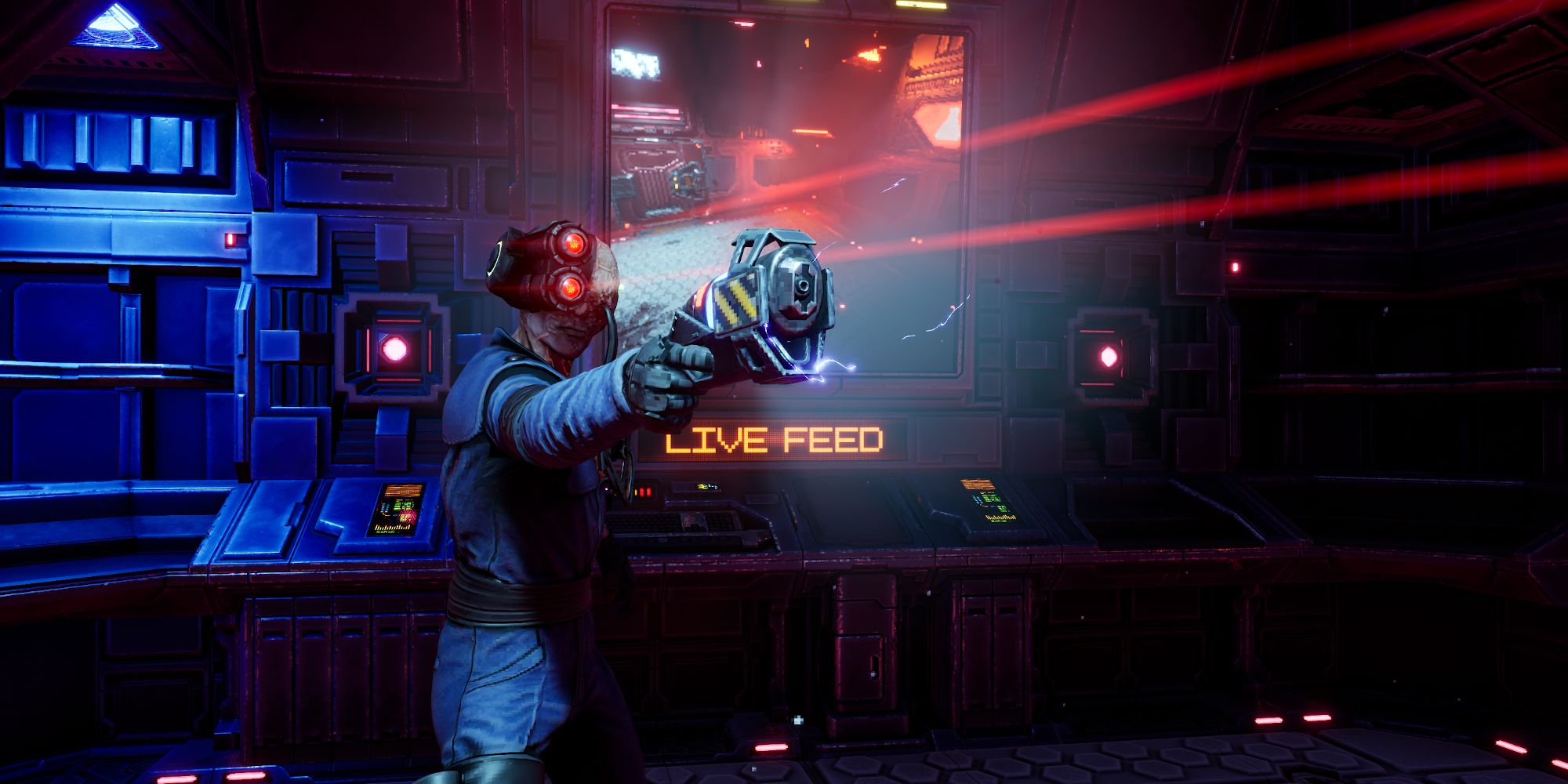 Screenshot from System Shock remake shows a cyborg with two large red metal eyes on one side of it's head and a human face holding a pistol towards the right side of the screen with a metal console and large screen above it.