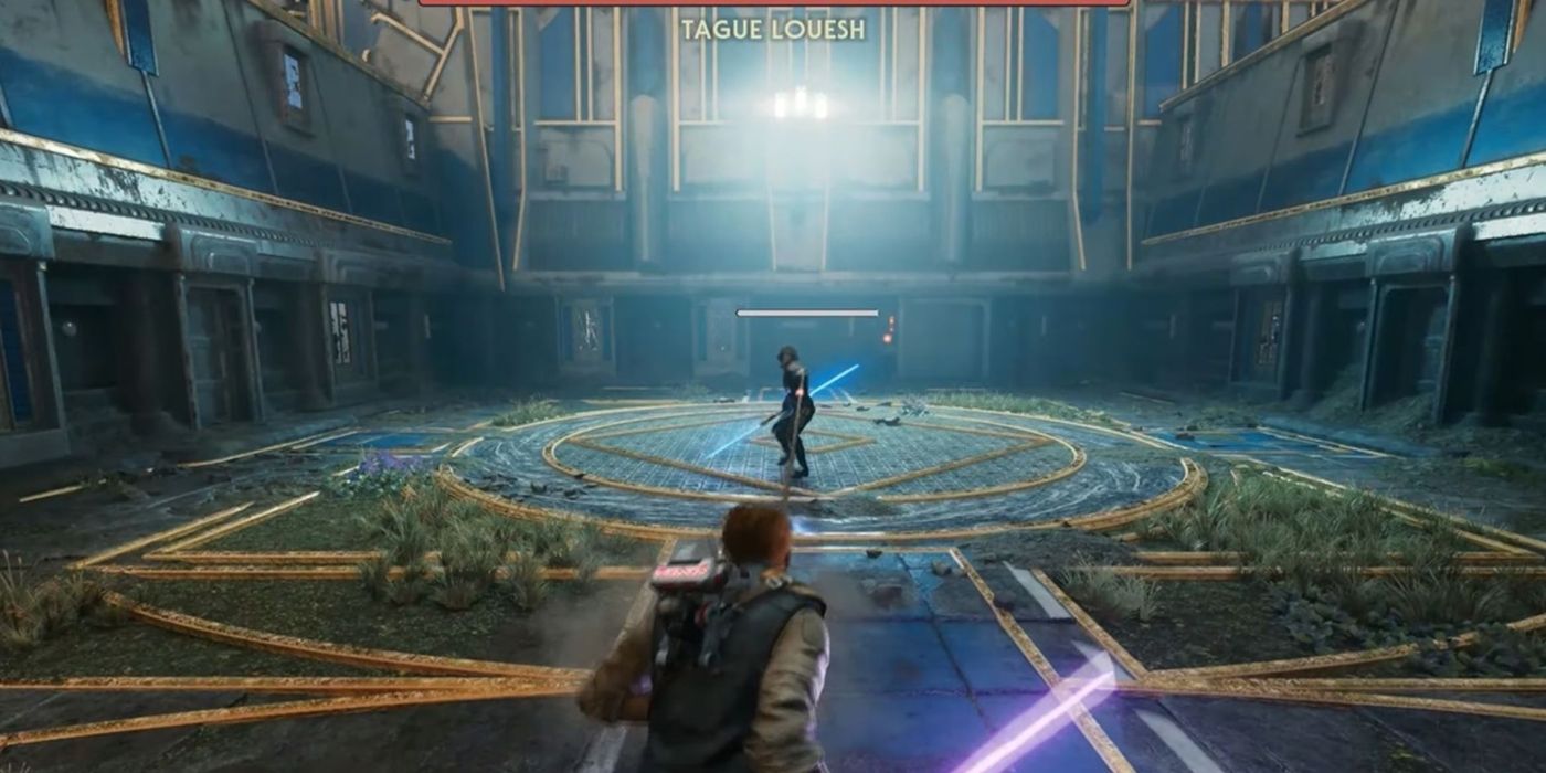 Tague Louesh boss battle with Cal in the forefront facing off against him in Star Wars Jedi Survivor